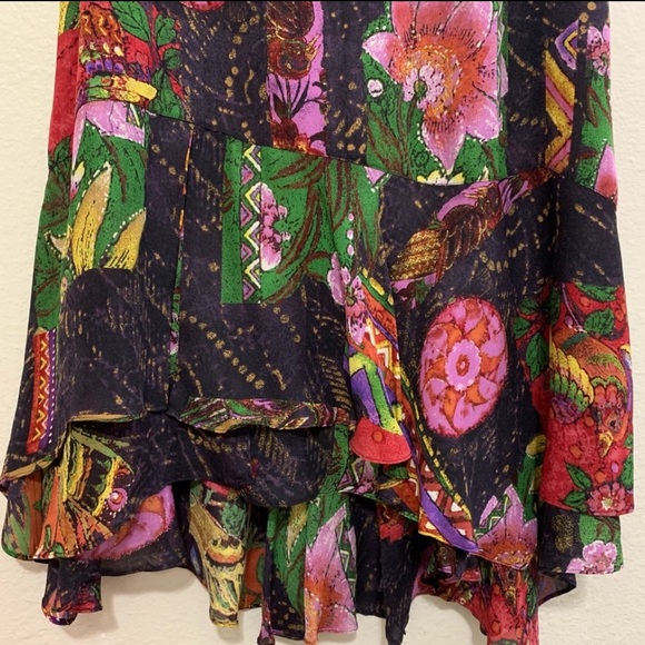CHICO’S 100% SILK VINTAGE SKIRT WOMEN SZ 1  PINK PURPLE ABSTRACT LAYERED RUFFLES - Picture 4 of 11
